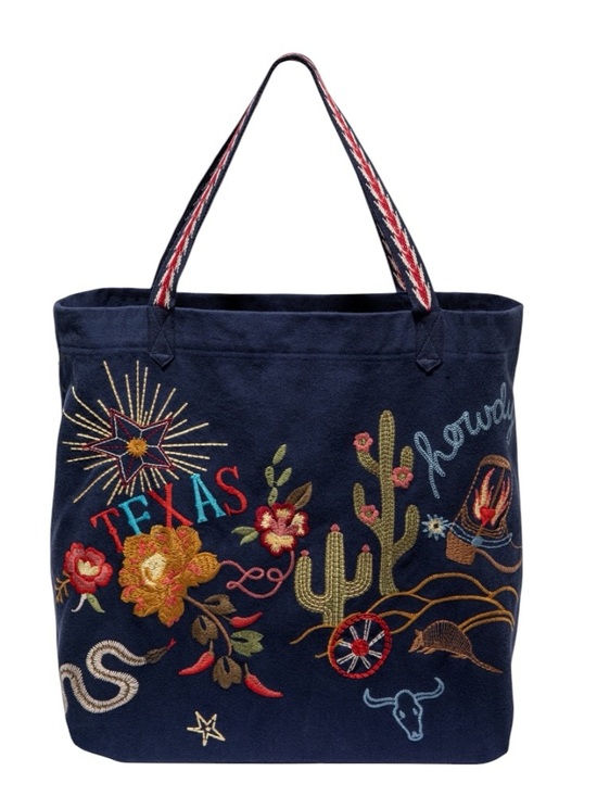 Johnny Was Handbags - Johnny Was Texas Navy Embroidered Canvas Tote with Multicolor Floral Motif